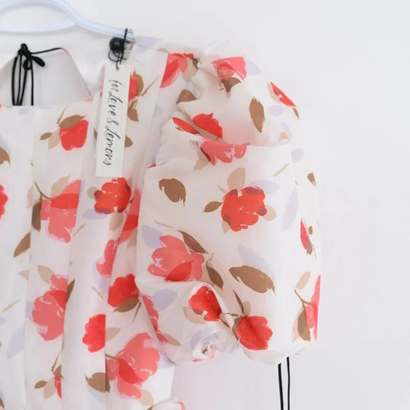 For Love & Lemons Jesse Puff Sleeve Floral  Mini Dress Cream & Red S NWT - Picture 3 of 14